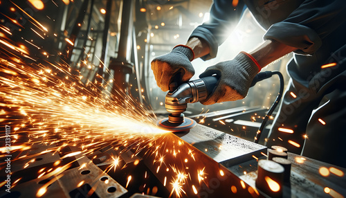 Hands operate a power tool on metal, emitting sparks in an industrial setting.