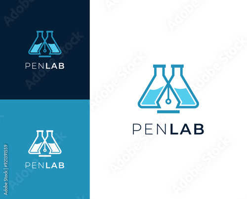 Pen lab logo. Pen with science element logo design illustration.