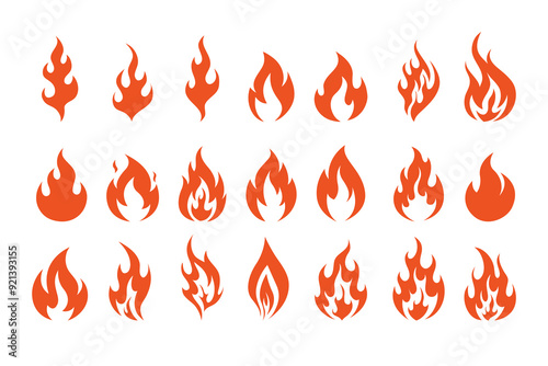 Fire symbols isolated icon flat set on white background. Blaze silhouette element