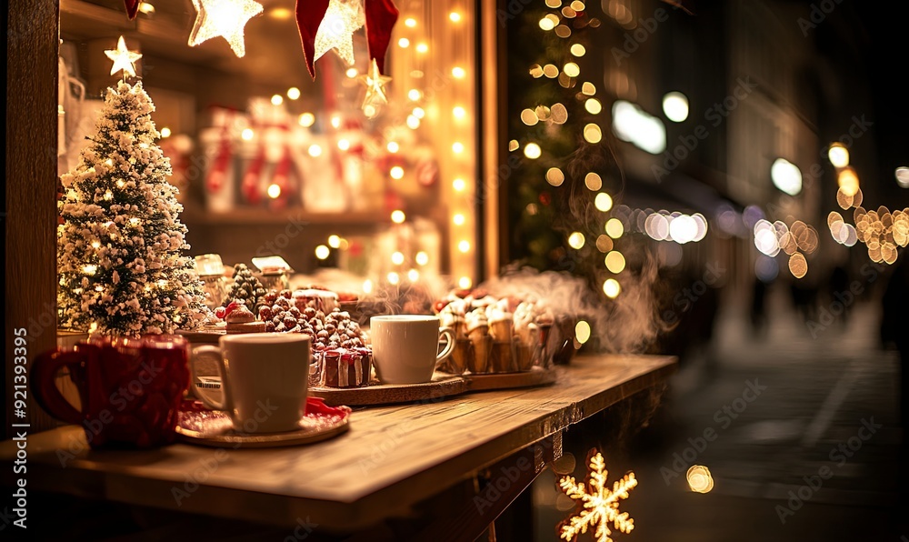 A Christmas display with a table full of mugs and cups A Christmas display with a table full of mugs and cups