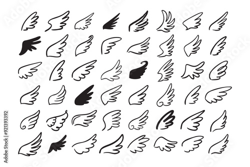 Doodle outline sketch angel wings. Angel feather wing, silhouette. Linear fly winged angels, flying heaven hand drawn doodle vector icons