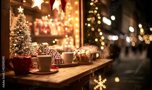 A Christmas display with a table full of mugs and cups