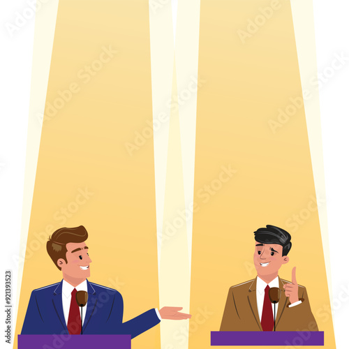 Businessmen in suits giving speeches at a conference, illuminated by stage lights, election concept