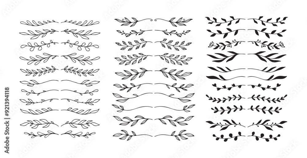 © Yanka - Set hand drawn floral elements isolated doodle line style. Outline silhouette branches. © Yanka - Set hand drawn floral elements isolated doodle line style. Outline silhouette branches.