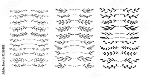 Set hand drawn floral elements isolated doodle line style. Outline silhouette branches.
