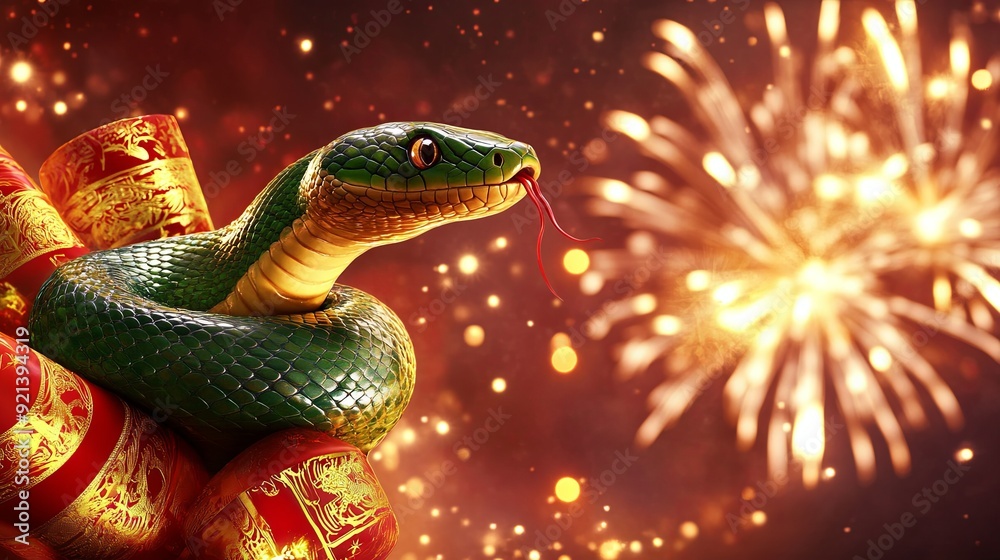 A green snake is on top of a pile of red and gold Chinese lanterns A green snake is on top of a pile of red and gold Chinese lanterns