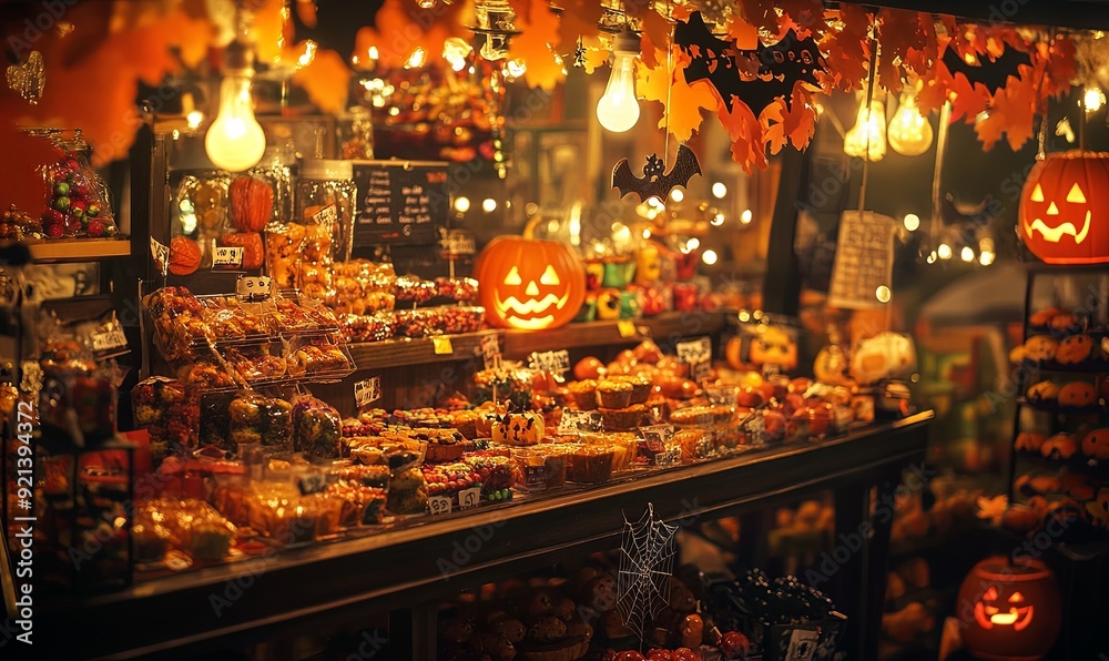 A store with a lot of Halloween decorations, including pumpkins and candy A store with a lot of Halloween decorations, including pumpkins and candy