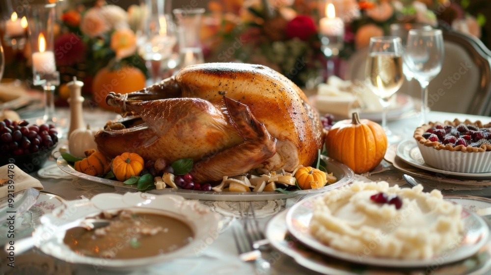 turkey on a plate on a table with food at a family dinner turkey on a plate on a table with food at a family dinner
