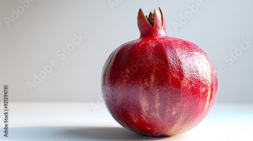 A whole pomegranate sits on a clean white surface, showcasing its vibrant red color. The background is a pure white, highlighting the fruit's natural beauty.