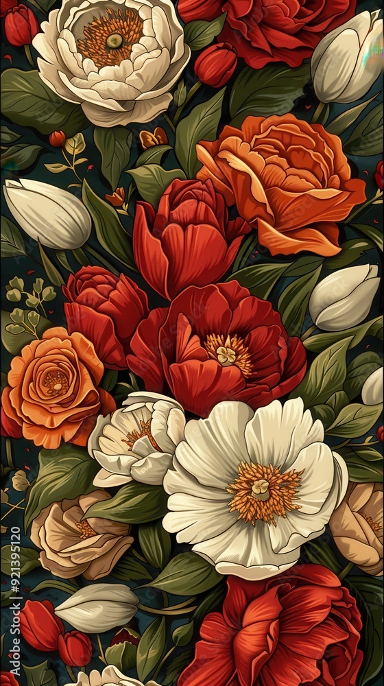 A stunning display of various flowers in rich colors against a deep backdrop celebrates nature's beauty and elegance A stunning display of various flowers in rich colors against a deep backdrop celebrates nature's beauty and elegance