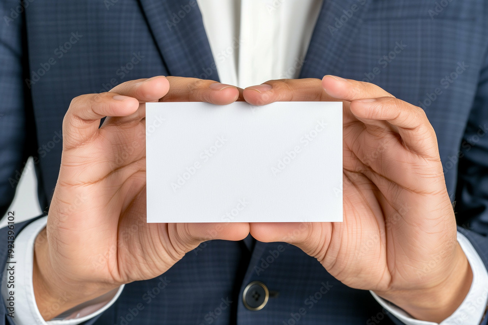 Business Card Holding in Professional Hands. Elegant Presentation of Blank Business Card in Suit. Corporate Identity Display with Clean Aesthetic Business Card Holding in Professional Hands. Elegant Presentation of Blank Business Card in Suit. Corporate Identity Display with Clean Aesthetic