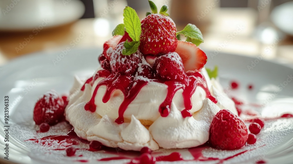 Pavlova berry cake with meringue, strawberries, and passion cream. Lunch was a delicious sweet dessert food closeup at a contemporary gourmet restaurant.