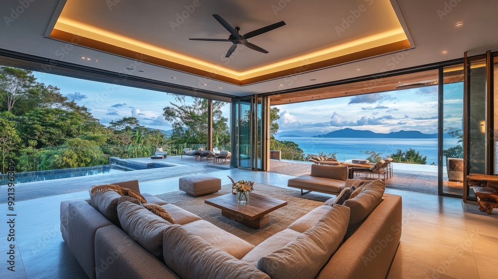 Thailand: View of the modern villa's living area from the exterior of an opulent resort by the Andaman Sea Thailand: View of the modern villa's living area from the exterior of an opulent resort by the Andaman Sea