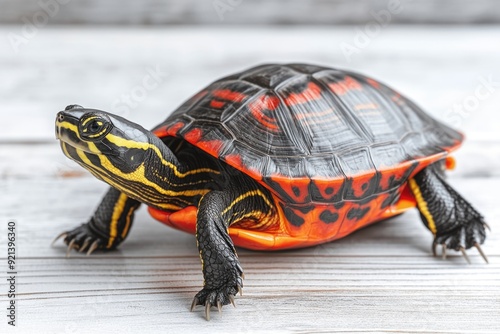 Close-Up of Eastern Painted Turtle on Wooden Surface Capturing Detailed Shell Patterns and Striking Colors photo