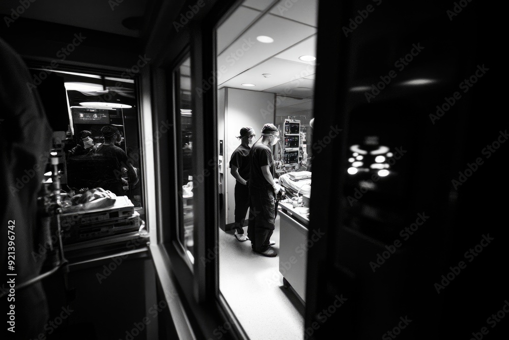 Healthcare Professionals in a Modern Medical Facility Operating Room in Black and White Healthcare Professionals in a Modern Medical Facility Operating Room in Black and White