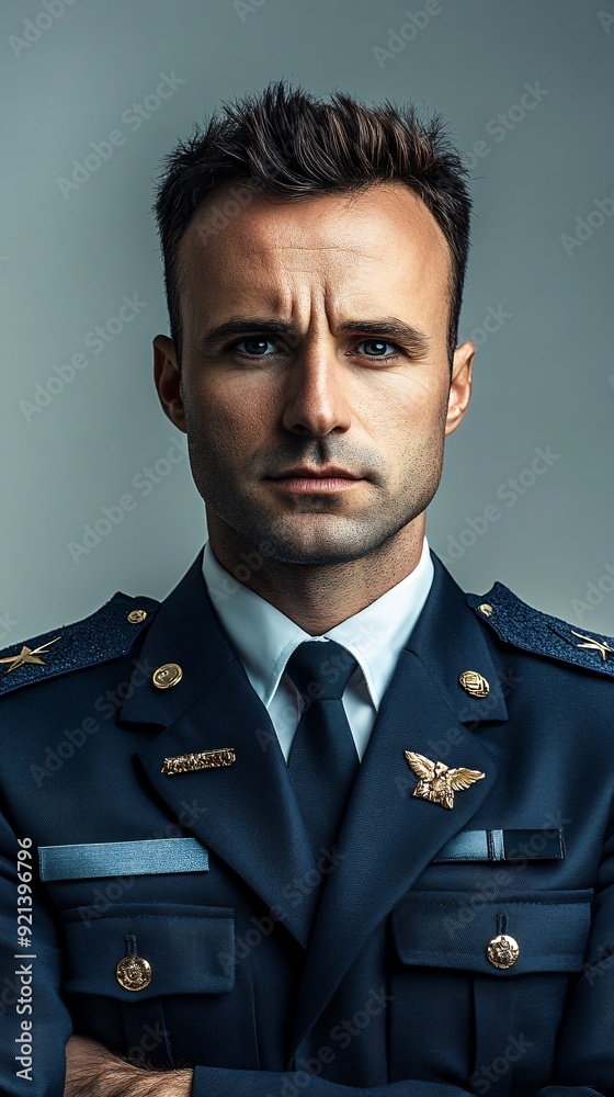 Close-up portrait of a serious Air Force officer against light solid color background with copy space Close-up portrait of a serious Air Force officer against light solid color background with copy space