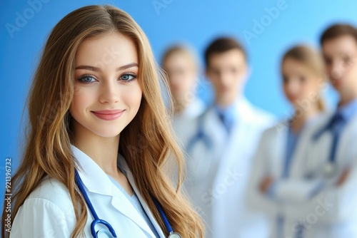 Smiling Female Doctor with Medical Team in Background - Professional Healthcare Portrait