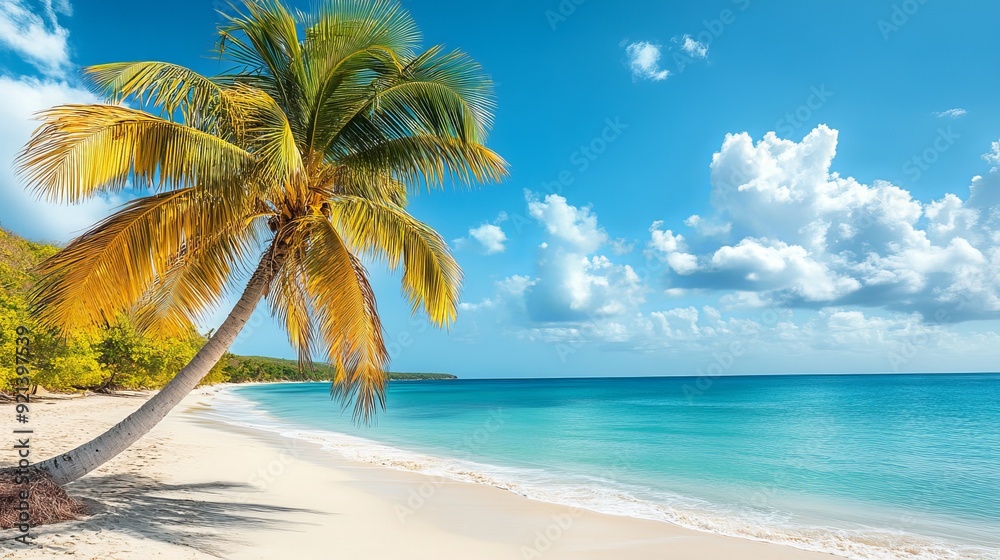 Obraz premium Sunny beach with palm trees and clear turquoise water in the afternoon