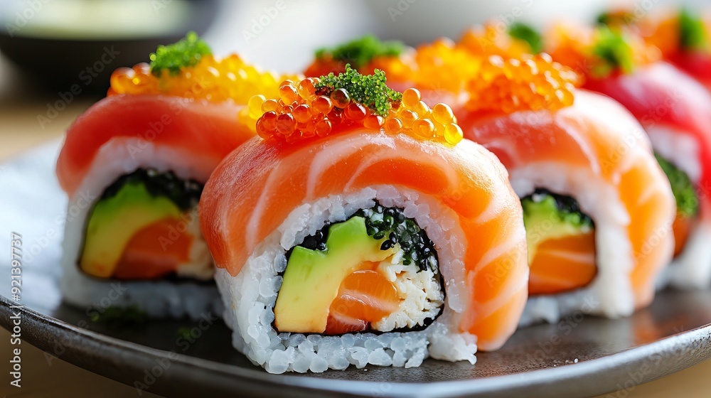 Colorful sushi rolls with salmon, avocado, and fish roe on a plate Colorful sushi rolls with salmon, avocado, and fish roe on a plate