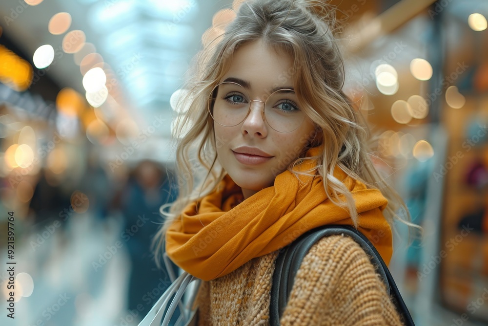 Woman with glasses enjoying shopping with credit card payments, holding multiple bags at store Woman with glasses enjoying shopping with credit card payments, holding multiple bags at store
