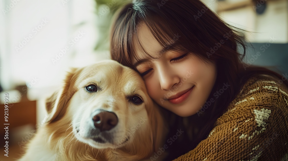 犬と寄り添う若い日本人女性 犬と寄り添う若い日本人女性