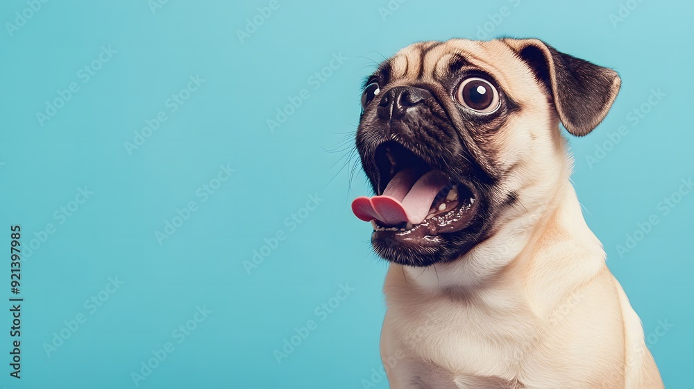 Obraz premium パステル ブルーの背景と驚くパグ