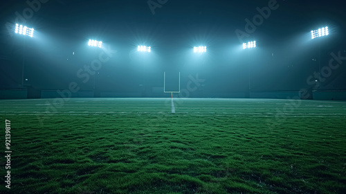 Football field illuminated by stadium lights.