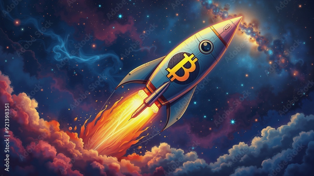 Bitcoin Rocket Blastoff to Moonlit Cosmos, A futuristic rocket ship emblazoned with a prominent Bitcoin symbol launches into a starry night sky. Vivid trails of fire and smoke mark its ascent. Bitcoin Rocket Blastoff to Moonlit Cosmos, A futuristic rocket ship emblazoned with a prominent Bitcoin symbol launches into a starry night sky. Vivid trails of fire and smoke mark its ascent.