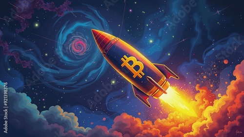 Bitcoin Rocket Launch Into Nebula Galaxy, Futuristic rocket ship blasting off into a vibrant, colorful nebula galaxy. The rocket features a prominent Bitcoin symbol.	
