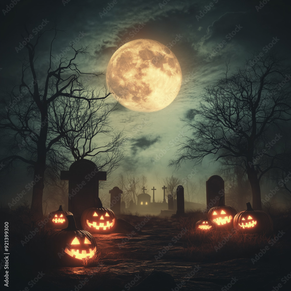 Fototapeta premium halloween graveyard with glowing pumpkins