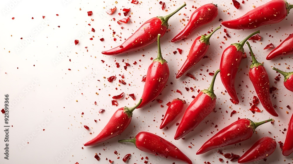 Chili or chilli cayenne pepper isolated on white cutout. flat lay, Red hot chilli pepper on white background, many chilli peppers on cooking table