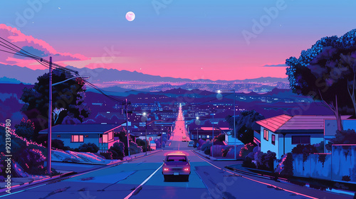 Retro anime vector art of evening view from top end of street in American city, overlooking small houses, hills with distant lights, moonlit sky, one car driving down long straight asphalt road, trees