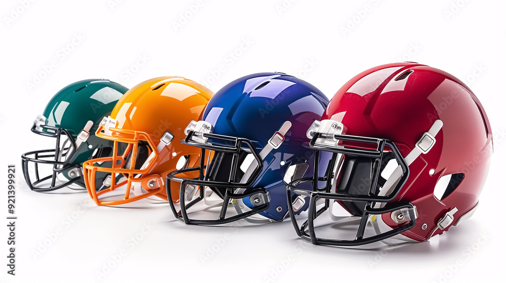 Football helmets side view in multiple colors isolated on white. Football helmets side view in multiple colors isolated on white.