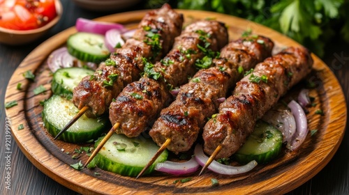 Kebab on wooden background.