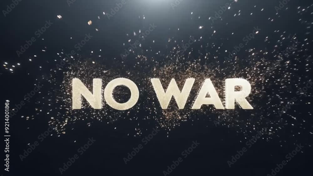 NO WAR text in gold, shimmering against a starry black background, creating a powerful message. NO WAR text in gold, shimmering against a starry black background, creating a powerful message.