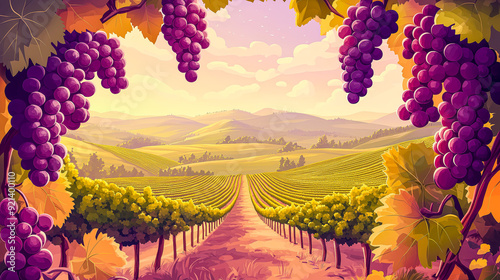 A Lush Vineyard at Harvest with Ripe Grapes on the Vines with path and Rolling Hills in the Distance, Captured in a Bright, Dreamy Cartoon Anime illustration with Soft Lighting and Colorful Details