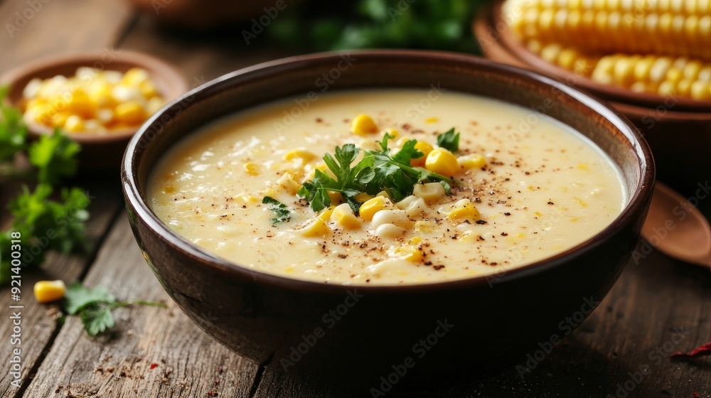A bowl of creamy, delicious corn soup on the table in a ceramic bowl. vegetarian cuisine A bowl of creamy, delicious corn soup on the table in a ceramic bowl. vegetarian cuisine