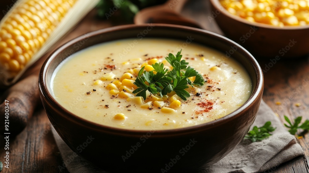 A bowl of creamy, delicious corn soup on the table in a ceramic bowl. vegetarian cuisine A bowl of creamy, delicious corn soup on the table in a ceramic bowl. vegetarian cuisine