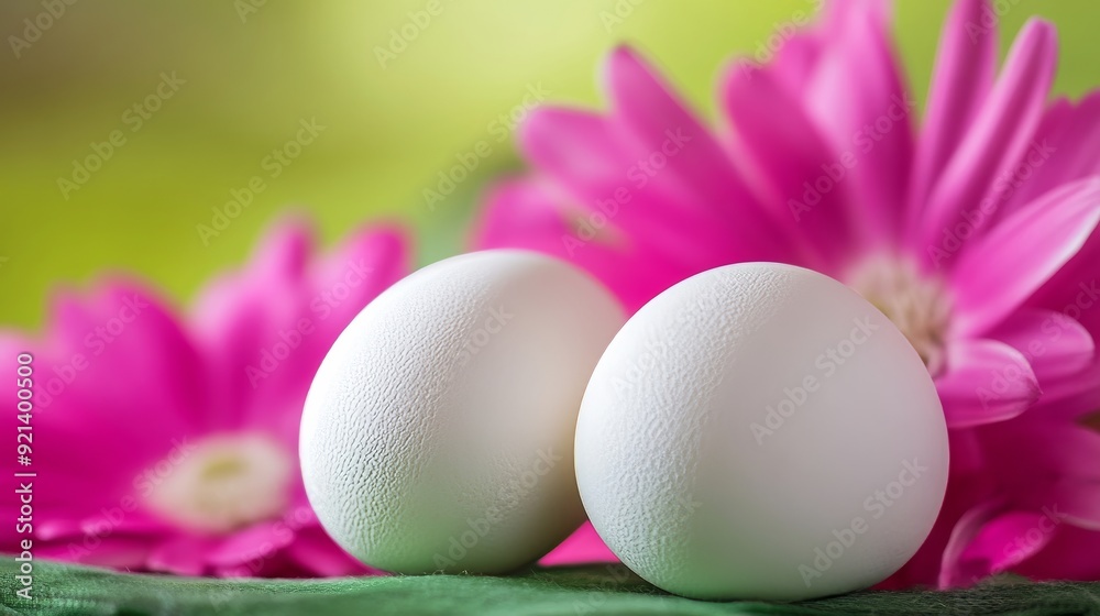 Snowy eggs on rosy petals amidst emerald backdrop Snowy eggs on rosy petals amidst emerald backdrop