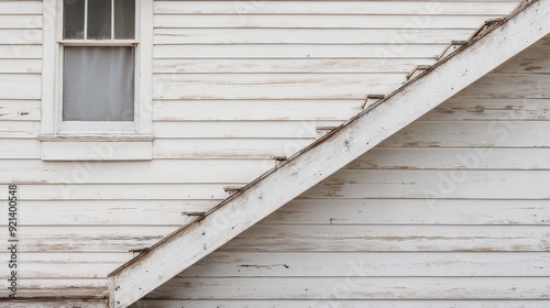 Wooden steps by old white home photo