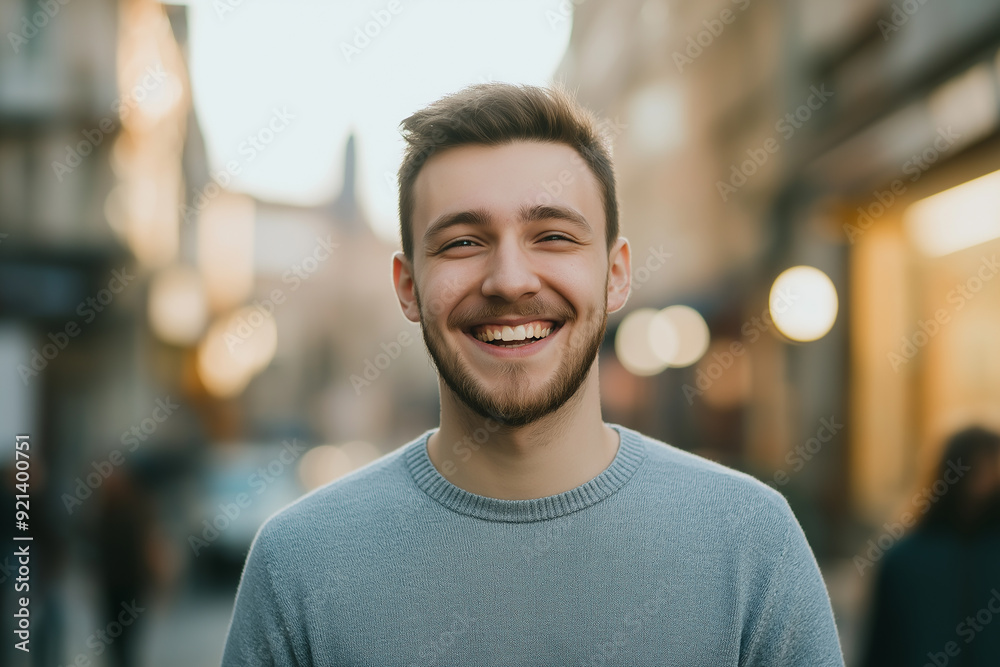 Fototapeta premium A young man smiling warmly at the camera while standing on a bustling city street, capturing the essence of urban life and joy.