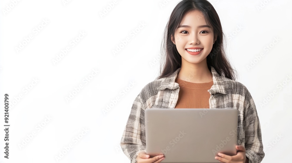 Asian girl smiles holding laptop on white. Asian girl smiles holding laptop on white.