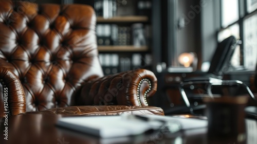 A luxurious leather chair with tufted design in an elegant, dark-toned office setting, exuding sophistication and comfort, with bookshelves and ambient lighting. photo