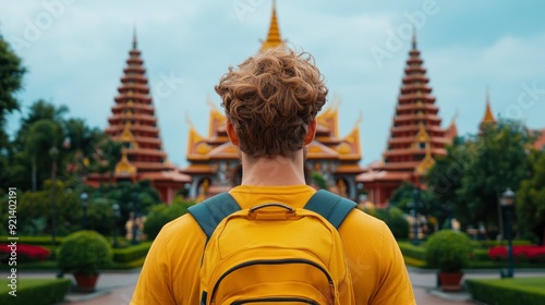 Young Tourist Exploring A Thai Temple, Cultural Wonders Await