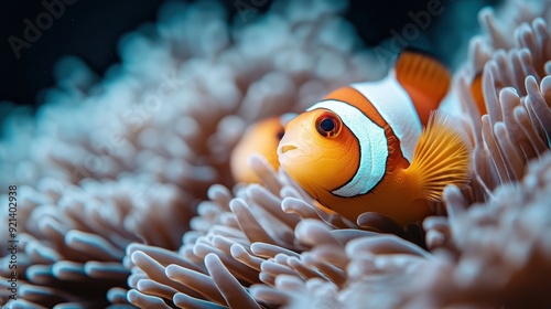 A vivid underwater shot of a clownfish nestled among the tentacles of a sea anemone, displaying its striking orange and white colors and symbiotic relationship with the anemone.