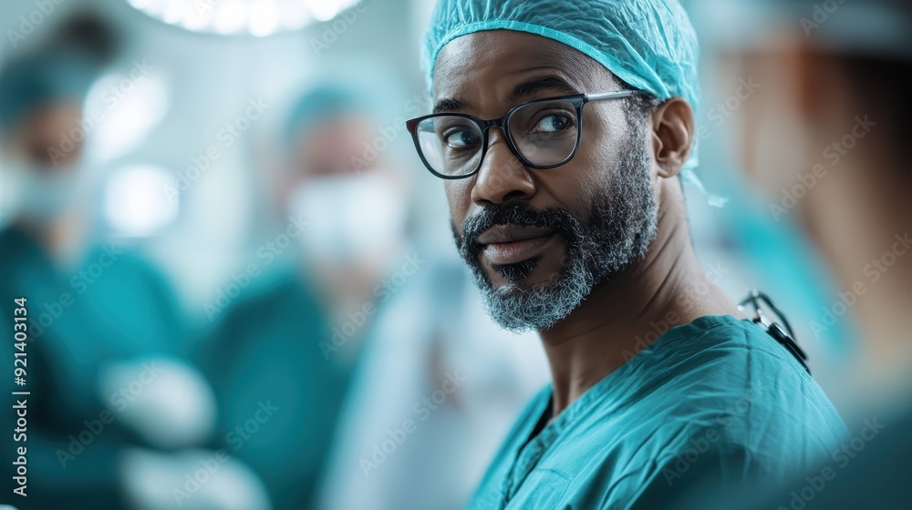 A smiling doctor in surgical scrubs and cap stands confidently, with colleagues in the background, showcasing a professional healthcare environment in a hospital.