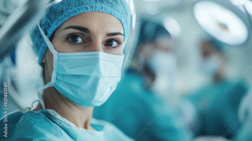 A female surgeon wearing a protective mask and cap focuses intently while performing a procedure, with medical staff and equipment in a hospital's operating room. A female surgeon wearing a protective mask and cap focuses intently while performing a procedure, with medical staff and equipment in a hospital's operating room.