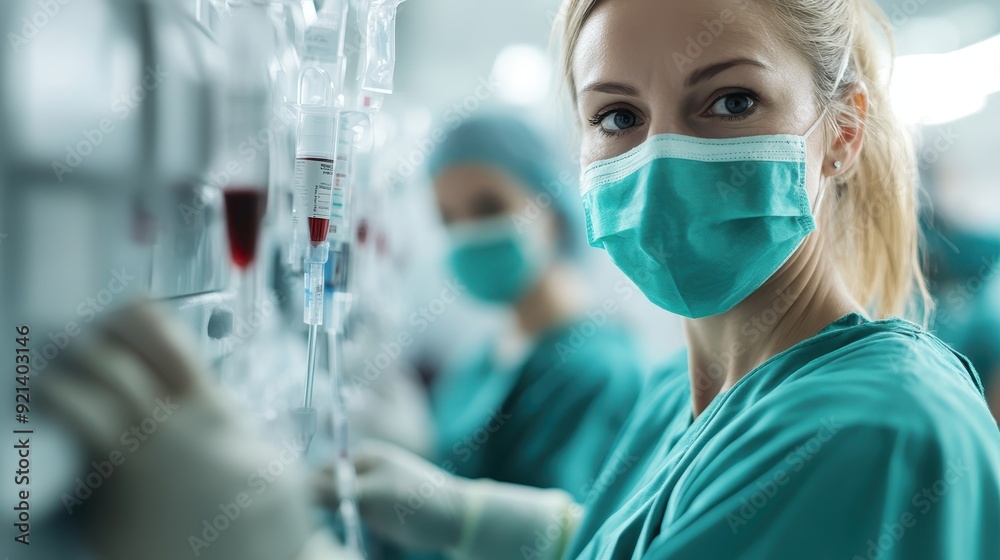 A nurse in surgical scrubs attentively monitors medical equipment and an intravenous drip, illustrating dedication and precision in a critical care environment. A nurse in surgical scrubs attentively monitors medical equipment and an intravenous drip, illustrating dedication and precision in a critical care environment.