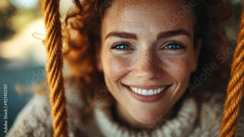 A close-up shot of a smiling woman with curly red hair on a swing, enjoying a sunny day outdoors, showcasing a moment of happiness and relaxation. photo