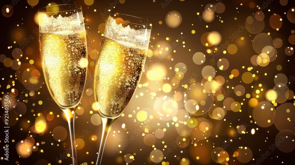 Two glasses of sparkling champagne reflect a festive atmosphere filled with golden bokeh lights